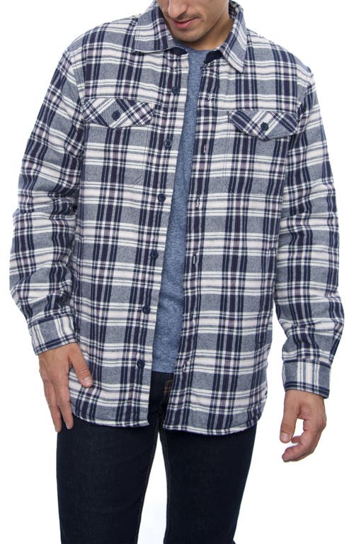 Plaid Flannel Faux Shearling Lined Shirt Jacket in Navy/beige Plaid
