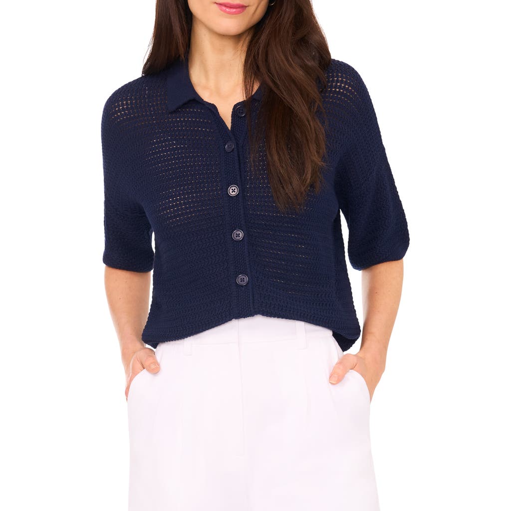 Halogenr Halogen(r) Open Stitch Button-up Polo Sweater In Blue