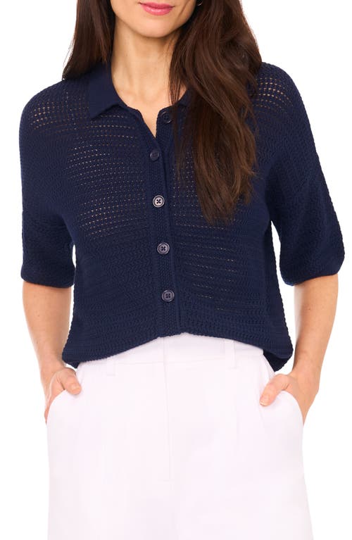 halogen(r) Open Stitch Button-Up Polo Sweater in Classic Navy