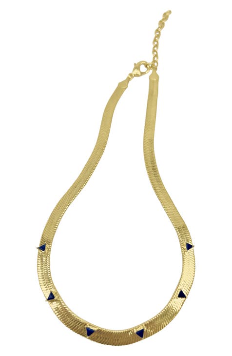 Water Resistant 14K Gold Plated Sapphire Herringbone Chain Necklace