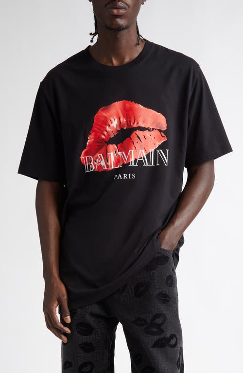 Shop Balmain Kiss Cotton Graphic T-shirt In Ebl Black/red/white