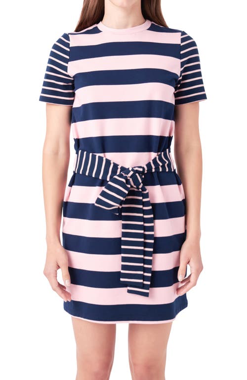 Shop English Factory Contrast Stripe Tie Waist Minidress In Navy/pink