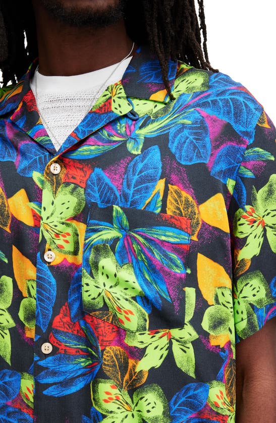 Shop Allsaints Goldfarb Floral Convertible Collar Camp Shirt In Jet Black