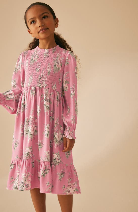 Shop Laura Ashley Kids' Smocked Long Sleeve Midi Dress In Pink Floral