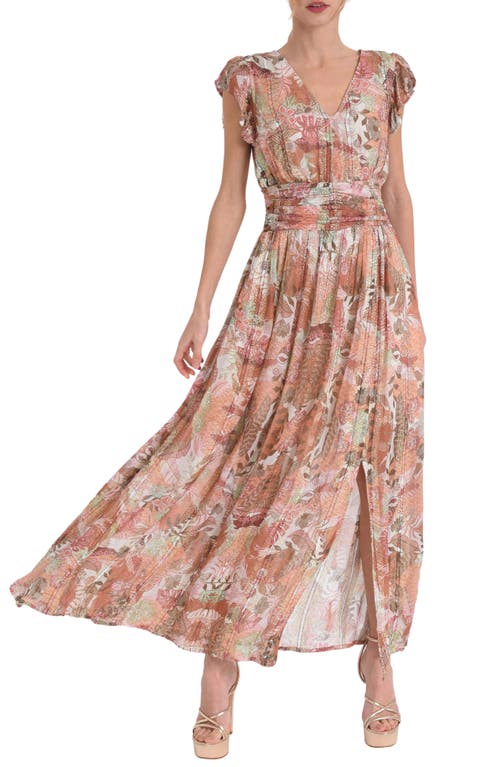 Jennsen Ruched Flutter Sleeve Maxi Dress in Brown