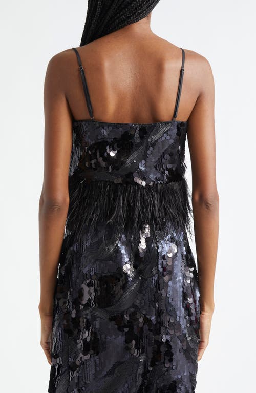 Shop Ramy Brook Stanley Sequin Feather Trim Camisole In Black Sequin Swirl