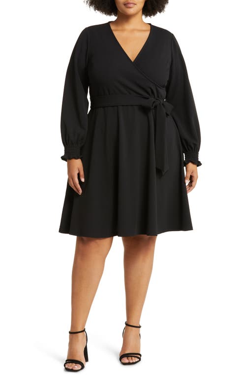 Perfect Long Sleeve Faux Wrap Dress in Solid Black