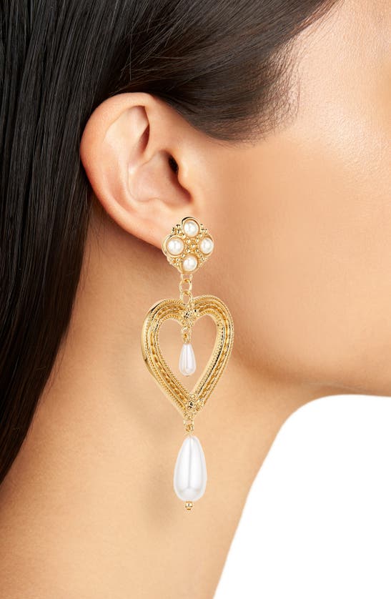 Shop Moschino Imitation Pearl Embellished Heart Drop Clip-on Earrings In A1606 Fantasy Print Shiny Gold