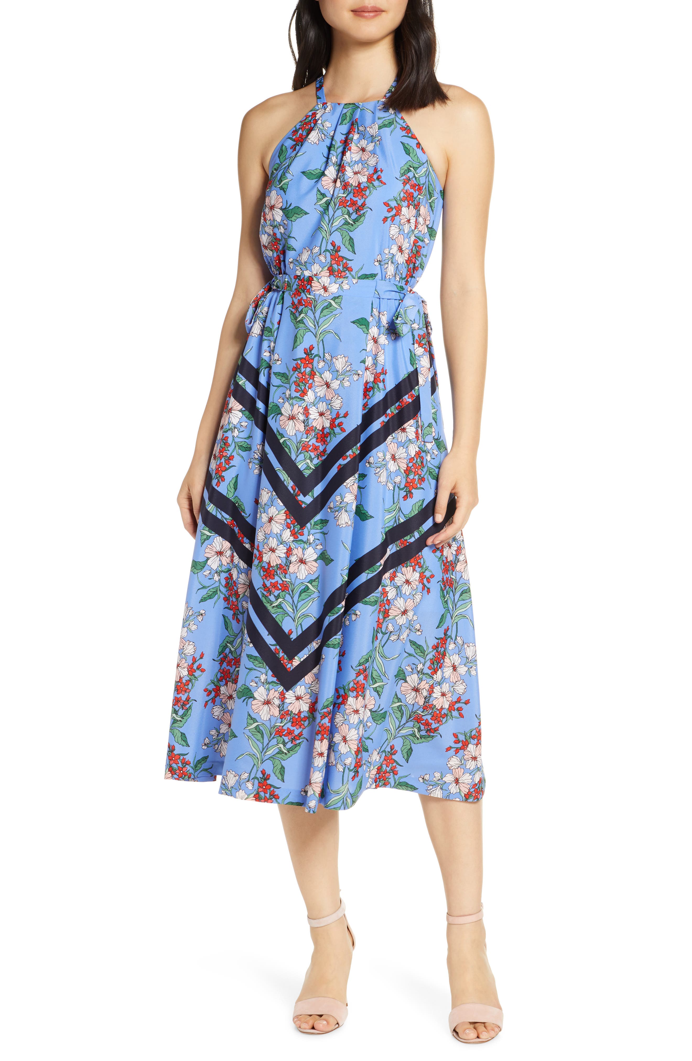 Vince Camuto Halter Neck Fit & Flare Midi Dress, Blue