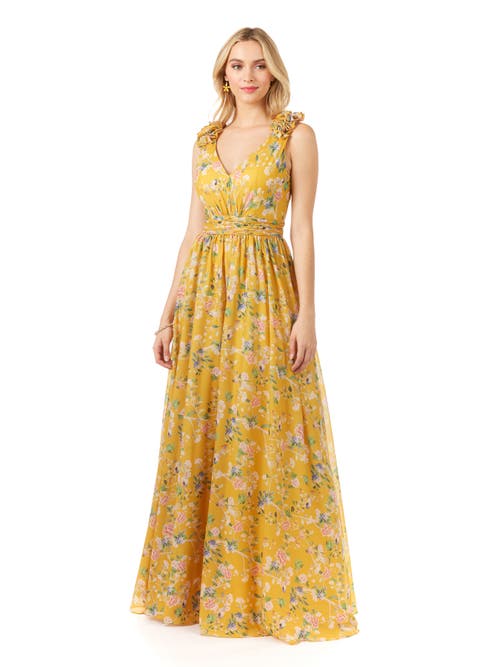 Lara New York V-neck Long Print Gown With Straps In Yellowprint