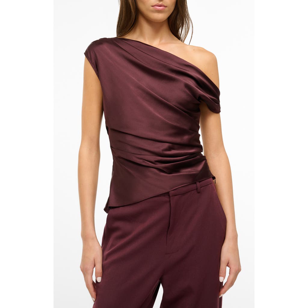 Staud Phare One-shoulder Silk-blend Satin Top In Brown