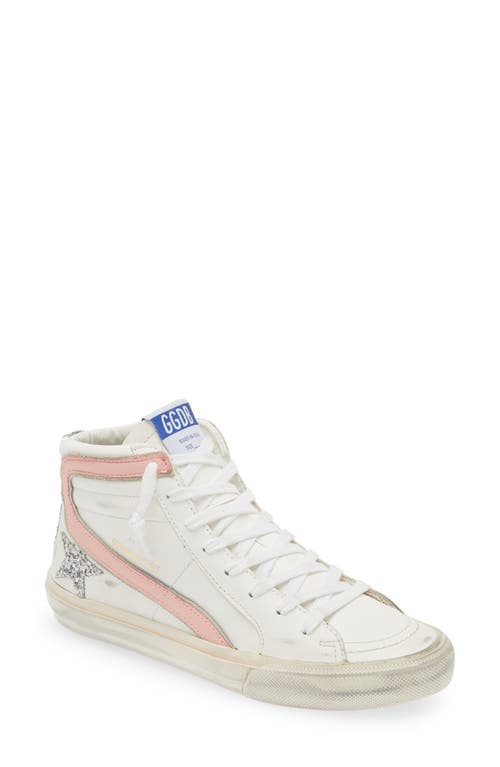 Golden Goose Slide High Top Trainer In White/silver/pink