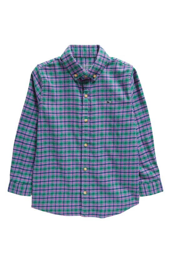 Shop Vineyard Vines Kids' Check Cotton Stretch Flannel Button-down Shirt In Check Turf Green