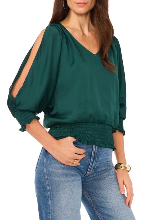 Vince Camuto Smocked Cold Shoulder Satin Top Arresting Emerald at Nordstrom,