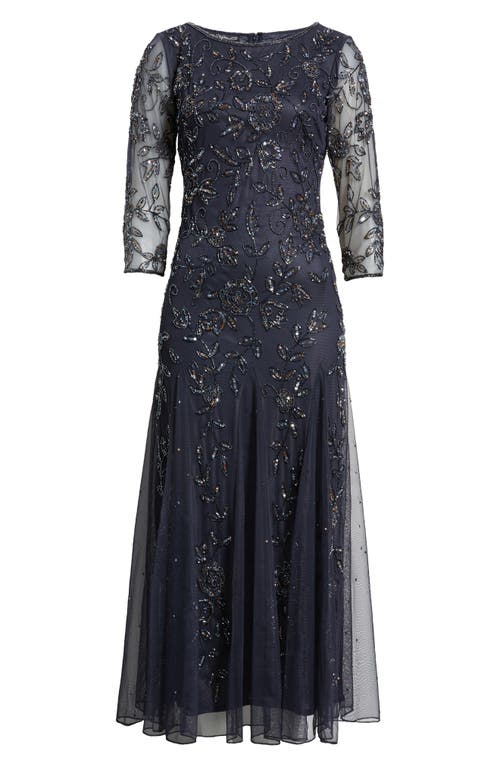 Shop Pisarro Nights Beaded Tulle A-line Gown In Navy