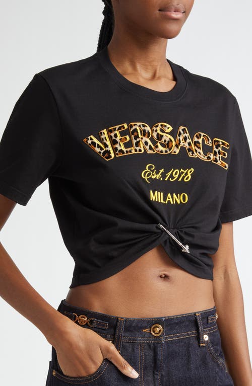 Shop Versace Milano Embroidered Safety Pin Crop Cotton T-shirt In Black Multicolor