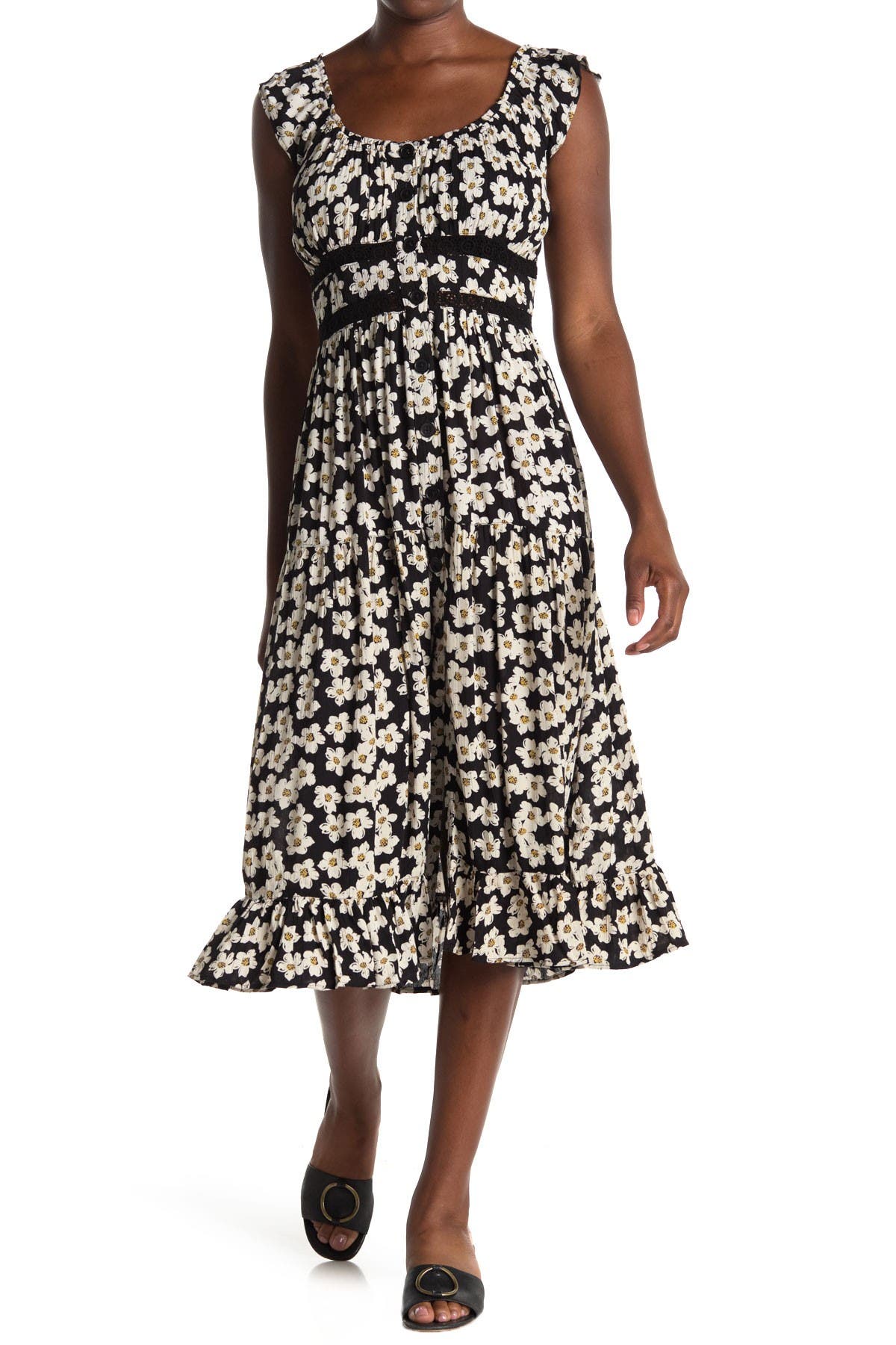 floral button front midi dress