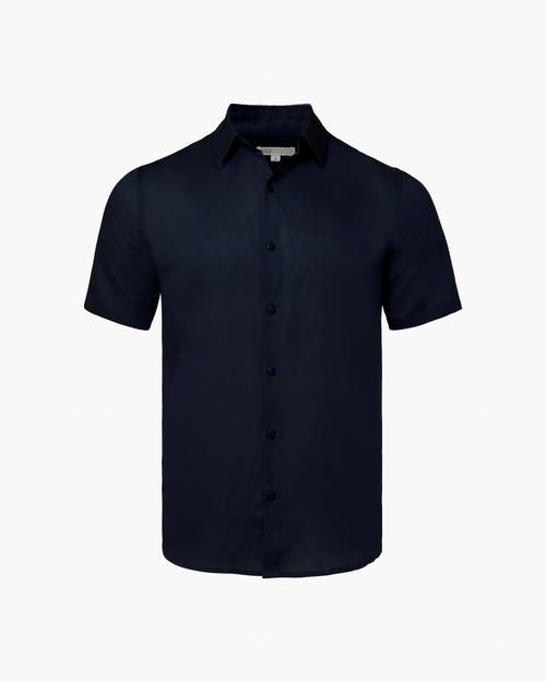 Shop Onia Jack Air Linen Shirt In Deep Navy/white