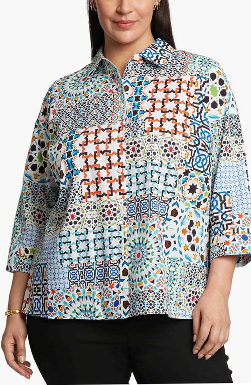 Foxcroft Kelly Mix Print Cotton Button-Up Shirt Multi Blue at Nordstrom,