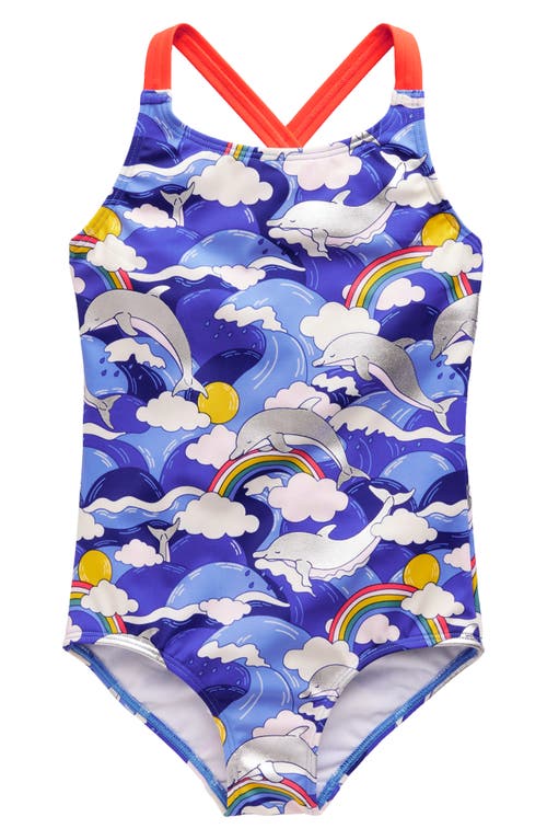 Mini Boden Kids' Crisscross Strap One-Piece Swimsuit Ultramarine Foil Dolphin at Nordstrom,