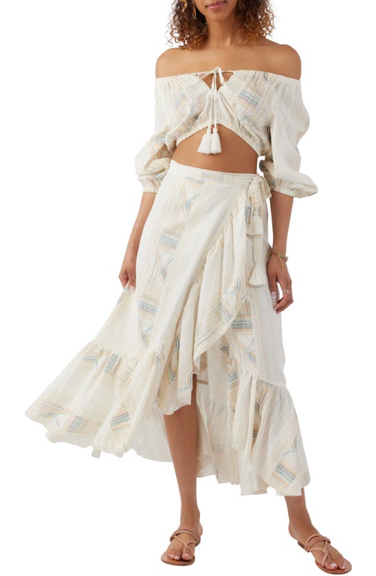 Shop O'neill Adilah Stripe Tiered Cotton Wrap Skirt In Winter White