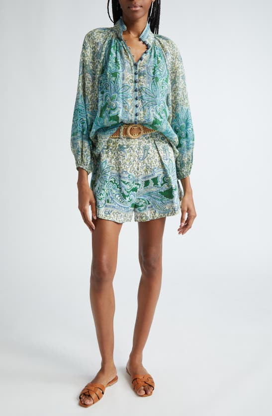 Shop Zimmermann Ottie Paisley Balloon Sleeve Shirt In Green Paisley