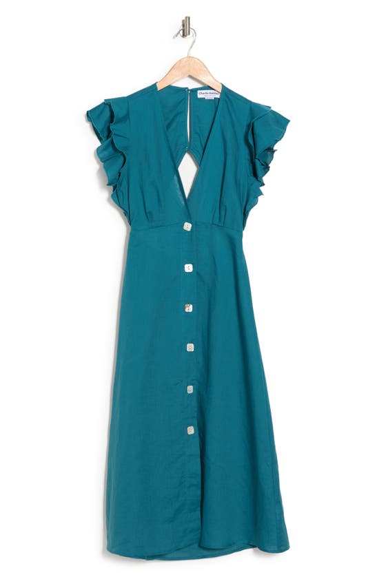 Charlie Holiday Cherry Flutter Sleeve Linen & Cotton Dress In Turquoise