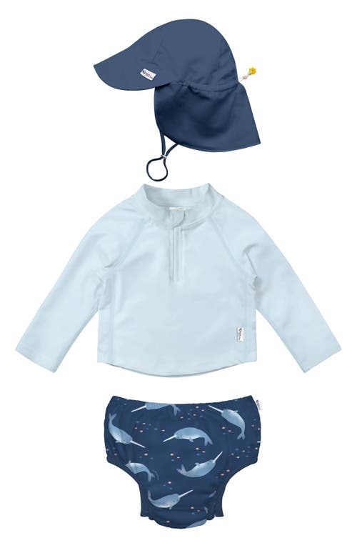Green Sprouts Long Sleeve Two-Piece Rashguard Swimsuit & Sun Hat Set in Navy Narwhal at Nordstrom