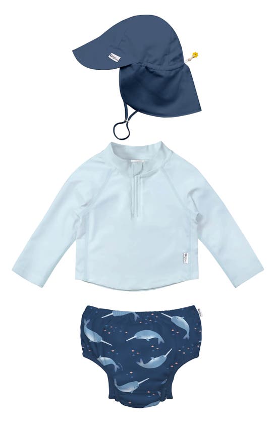 Green Sprouts Babies' Long Sleeve Two-piece Rashguard Swimsuit & Sun Hat Set In Blue