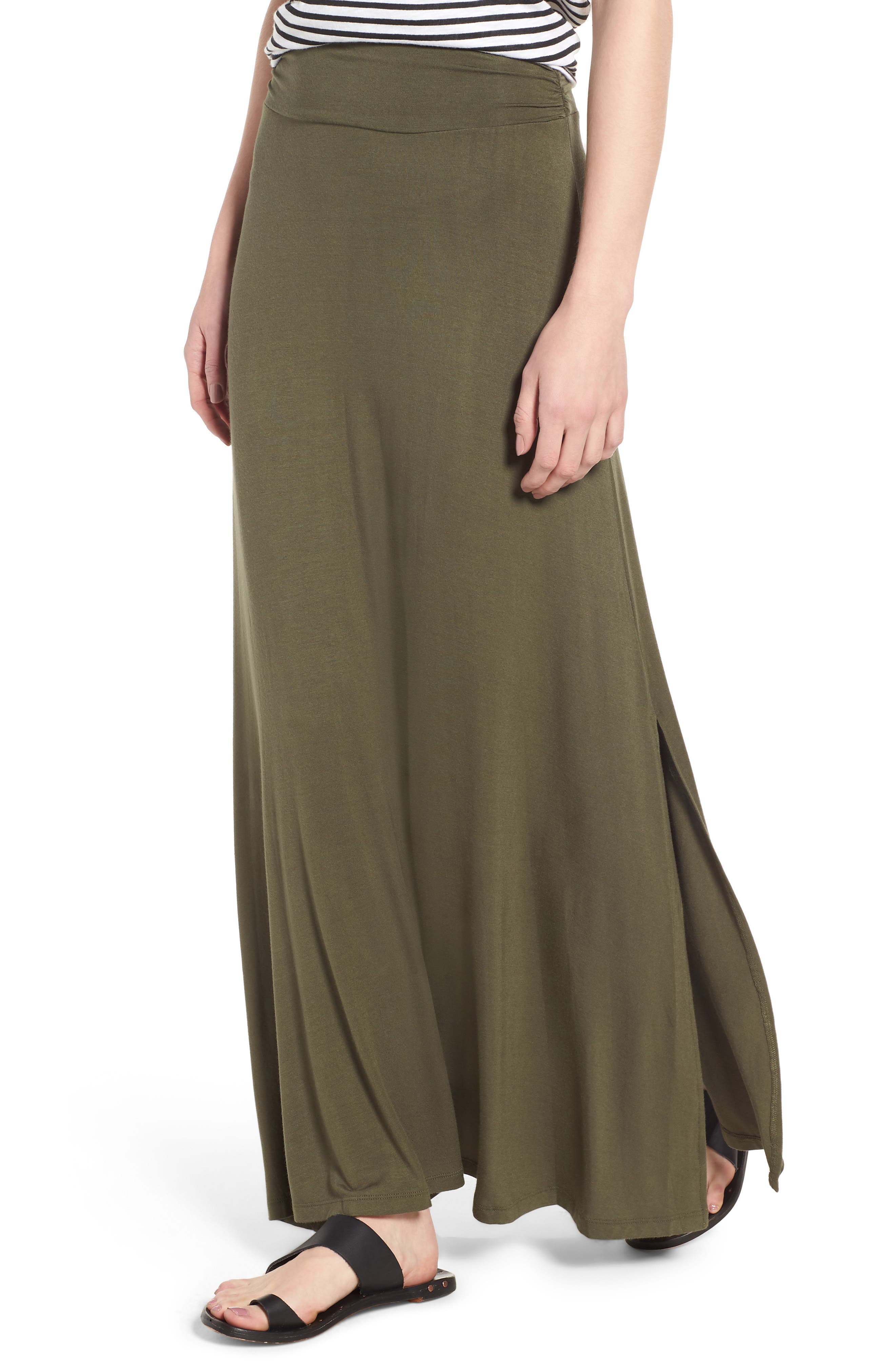 Bobeau Ruched Waist Side Slit Maxi Skirt, Green