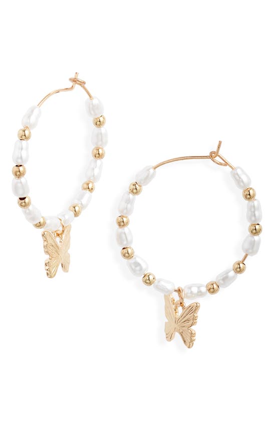 Shop Bp. Imitation Pearl Butterfly Hoop Earrings In Goldhite
