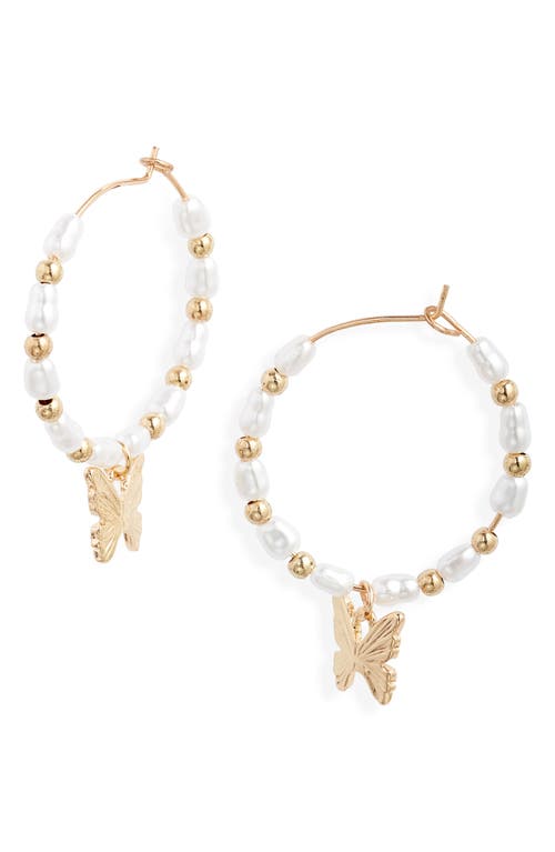 Imitation Pearl Butterfly Hoop Earrings in Gold-White