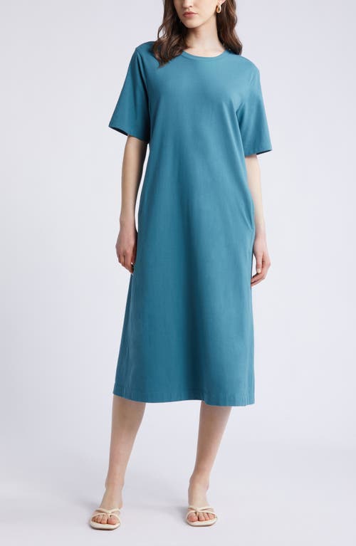 Stretch Cotton Midi T-Shirt Dress in Teal Hydro