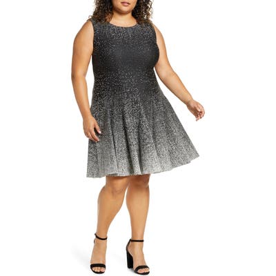 Plus Size Eliza J Ombre Dot Fit & Flare Knit Dress, Black