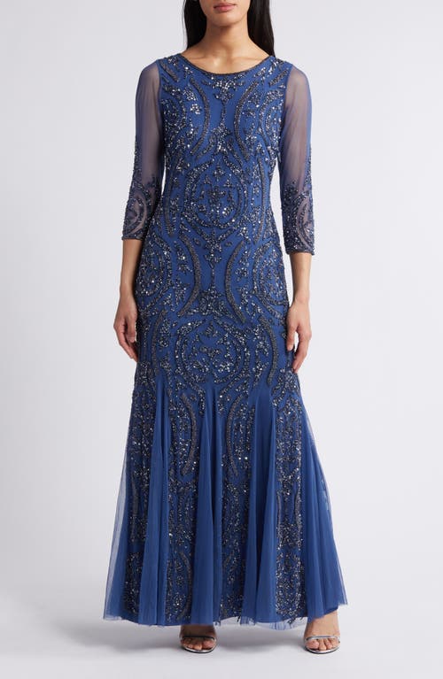 Shop Pisarro Nights Sequin Beaded Illusion Mesh Three-quarter Sleeve Gown In Denim