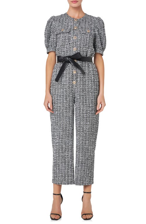English Factory Tweed Puff Sleeve Ankle Jumpsuit In Black