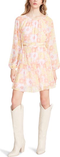 Abito Corto Steve Madden Cadi Mini Dress, In Chiffon Con Stampa Floreale, Maniche Lunghe E Ritagli In Vita, Lunghezza 77,5 Cm