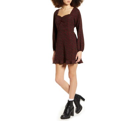 Bp. Print Sweetheart Neck Long Sleeve Dress, Red