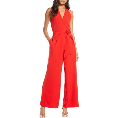 Julia Jordan Surplice Wide Leg Crepe Jumpsuit, Red