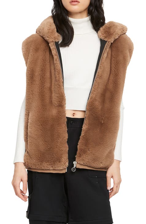 Mid-Length Brown Faux Fur Vest Beige L