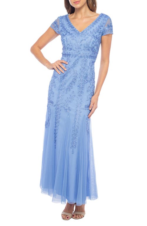Beaded Cap Sleeve Tulle Gown in Blue