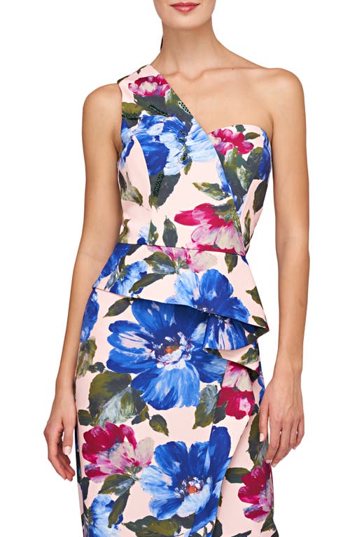 Shop Kay Unger Laurel Floral One-shoulder Gown In Spring Blue