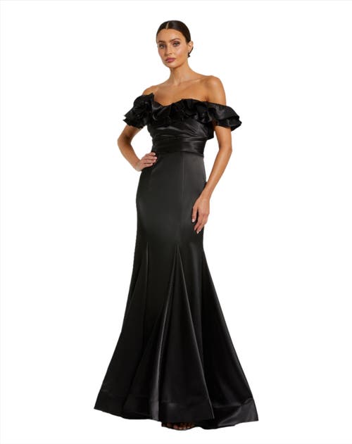 Mac Duggal Satin Ruffle Detail Off The Shoulder Mermaid Gown In Black