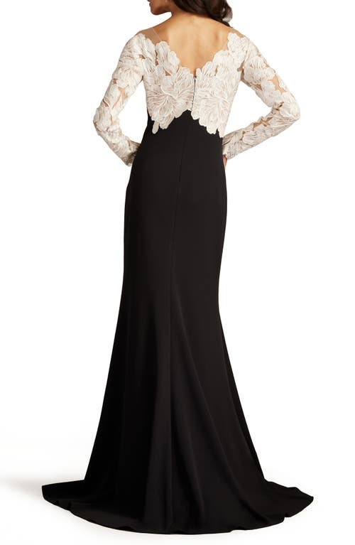 Shop Tadashi Shoji Floral Lace Bodice Mixed Media Long Sleeve Gown In Ivory/black