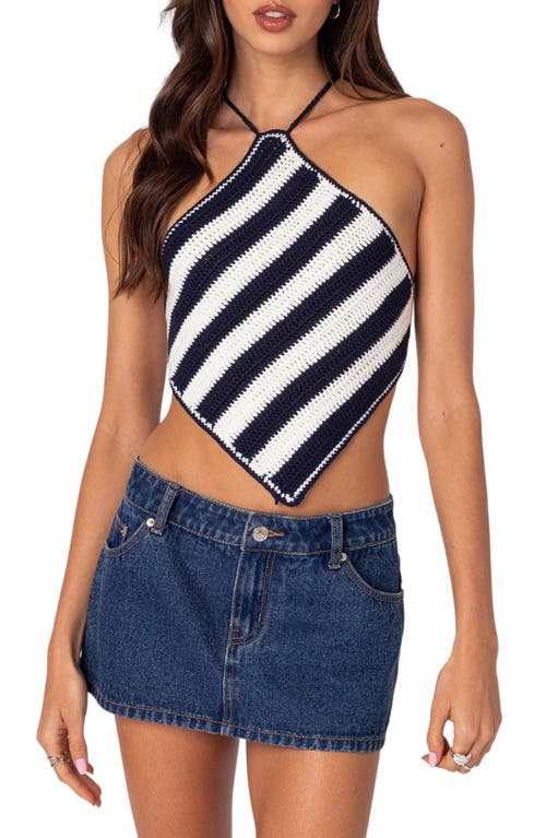 Shop Edikted Petra Crochet Halter Top In Navy-and-white