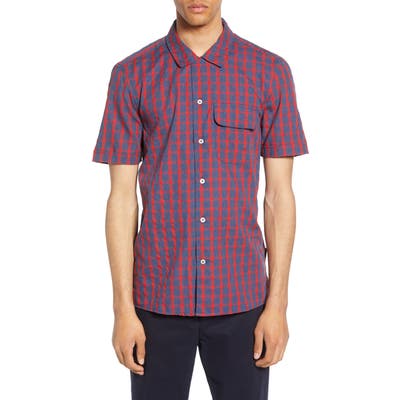 French Connection Slim Fit Melange Gingham Short Sleeve Button-Up Sport Shirt, Red
