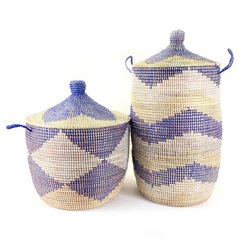 Mbare Dou Lid Storage Basket Chevron Low Storage In Navy/ White/ Natural