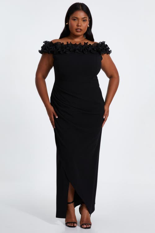 Quiz Plus Size Scuba Crepe Ruffle Bardot Maxi Dress In Black