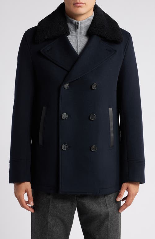 Mackage Cole Wool Peacoat With Genuine Shearling Collar In Navy