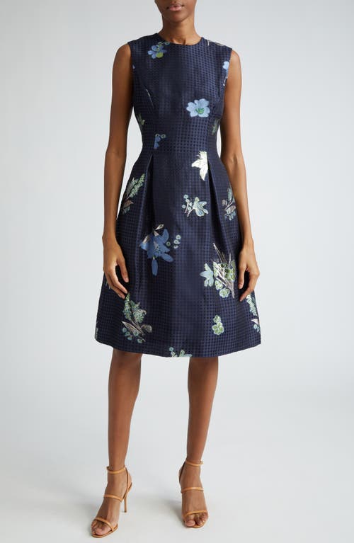 Shop Lela Rose Betsy Metallic Floral & Gingham Jacquard Dress In Navy